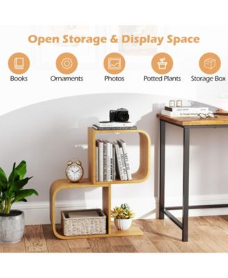 2-Tier S-Shaped Bamboo Bookcase with 2 Open Cubes for Living Room