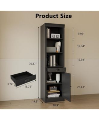 Narrow Bookcase with Drawer, 71" Tall, 3-Tier Shelves and Door, Wooden Storage Cabinet for Living Room, Office, Bedroom