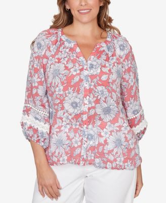 Plus Size Floral Silky Gauze Peasant Button-Front Top