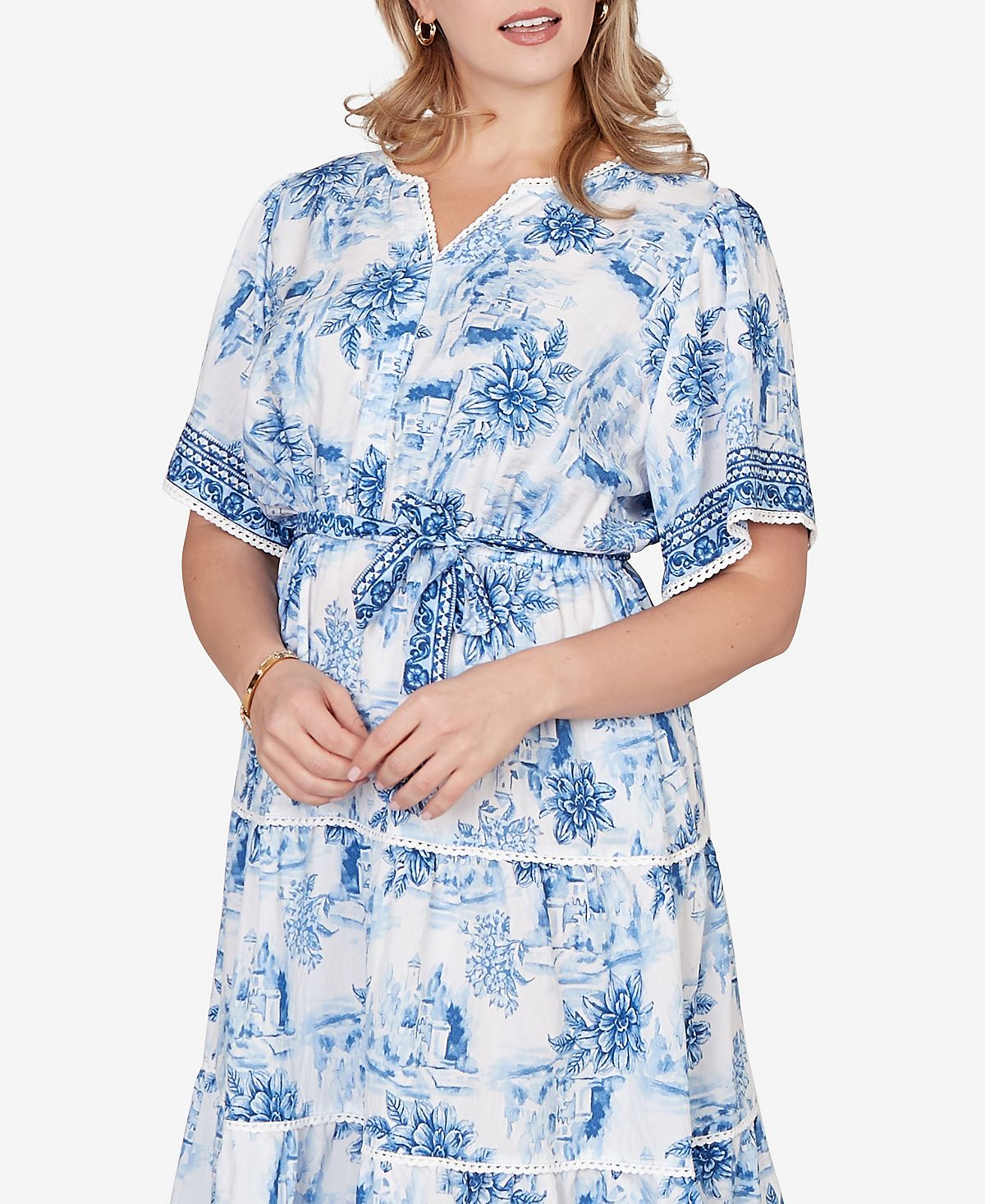 Ruby Rd. Plus Size Floral Toile Tie-Waist Tiered Dress view 4 — MAYCSS fashion products