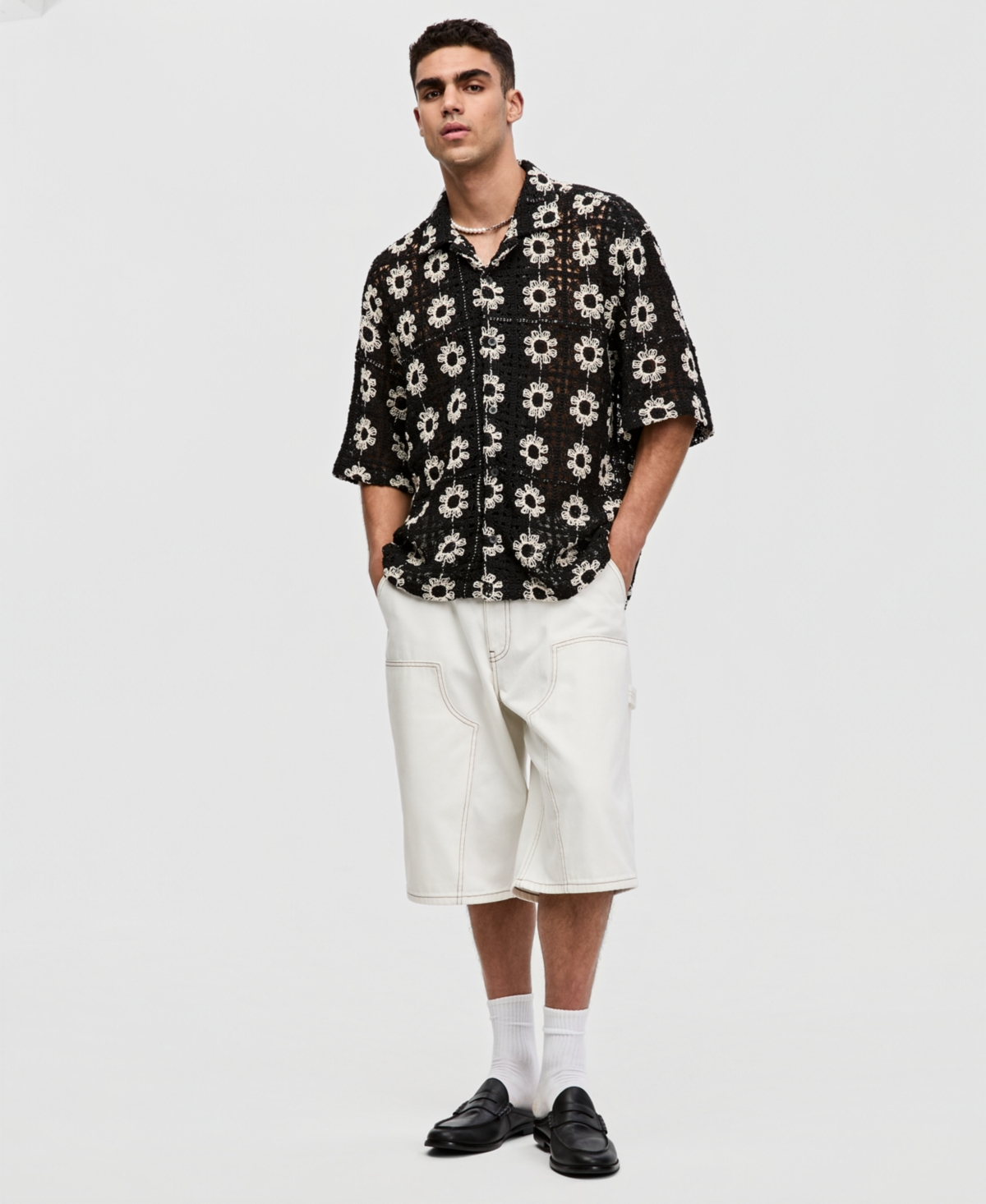 Mode of One Men's Boxy-Fit Short-Sleeve Crochet Shirt, Macy's Exclusive