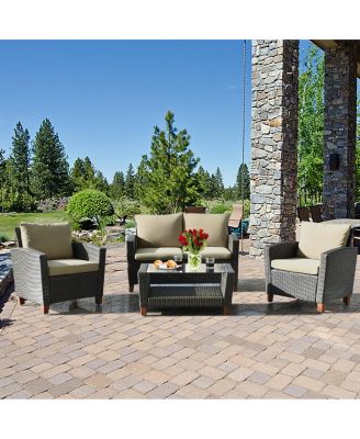 4PCS Cushioned Rattan Conversation Set w/ Coffee Table Patio Outdoor