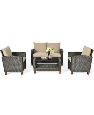 4PCS Cushioned Rattan Conversation Set w/ Coffee Table Patio Outdoor