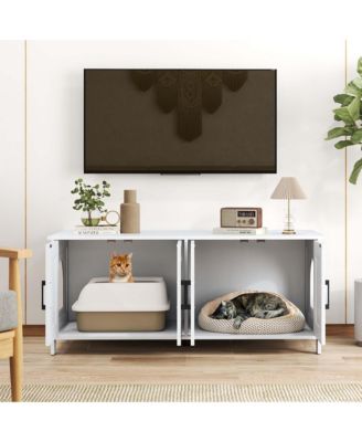 Cat Litter Box Enclosure for 2 Cats w/ Double Rooms Wooden Cat Washroom Cabinet
