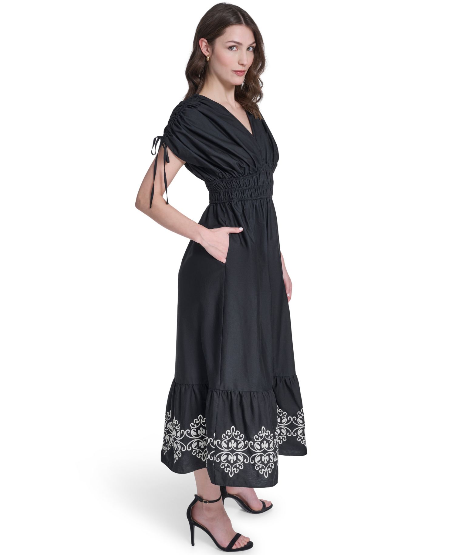 Women's V-Neck Embroidered Hem Midi Dress