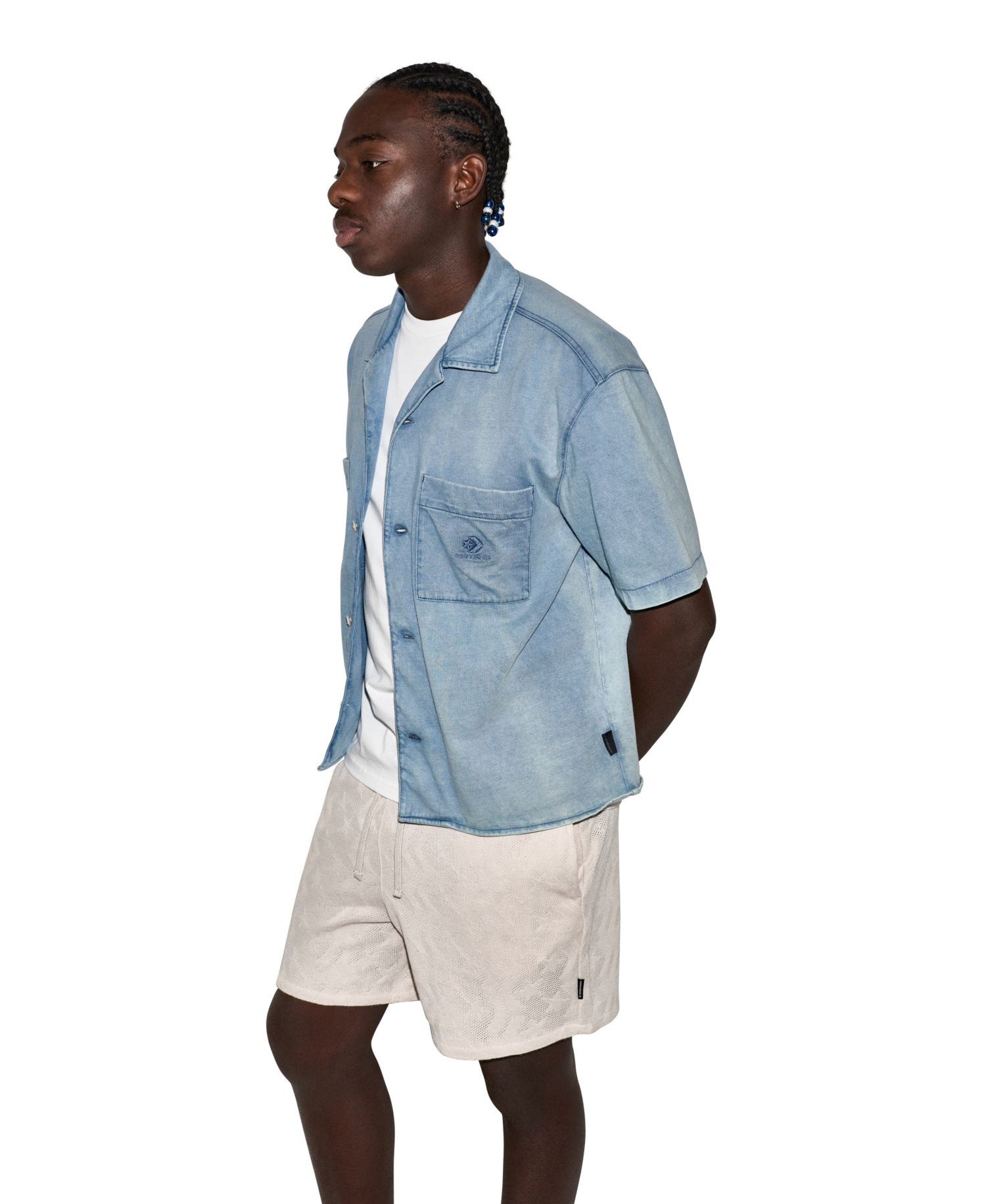 Men's Jersey Denim Short-Sleeve Collared Shirt