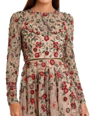 Women's Petite Embellished High Neck Long Sleeve A-Line Gown