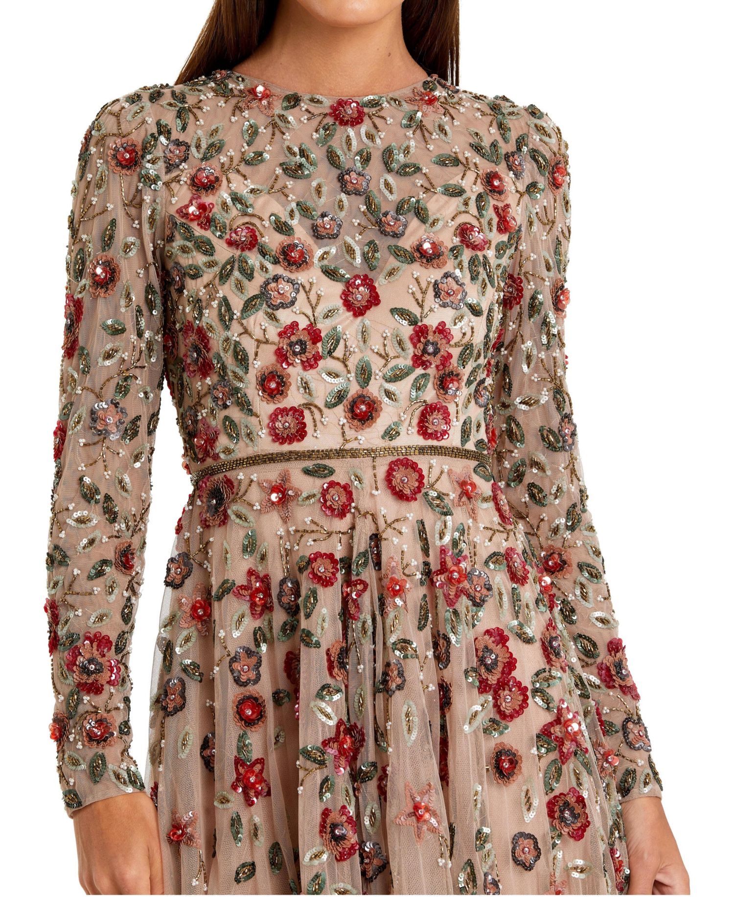 Petite Embellished High Neck Long Sleeve A-Line Gown
