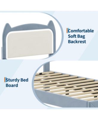 Twin Upholstered LED Bed Frame with Storage Drawer and Cat Headboard, Velvet Princess Platform Bed for Kids