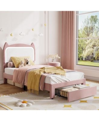 Twin Upholstered LED Bed Frame with Storage Drawer and Cat Headboard, Velvet Princess Platform Bed for Kids