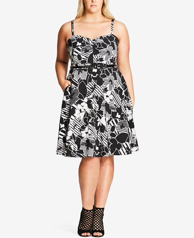 City Chic Plus Size Printed Belted Fit & Flare Dress