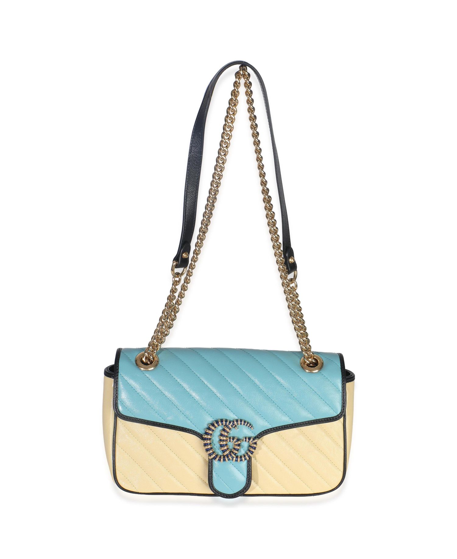 Blue Yellow Calfskin Matelasse Diagonal Torchon Small GG Marmont Bag