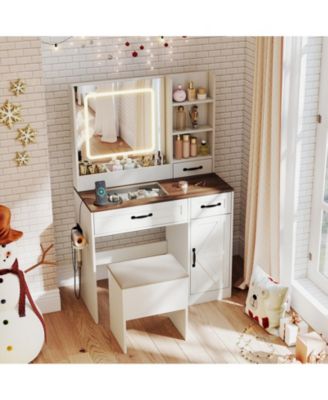 Farmhouse Vanity Desk with Mirror and Built In Lights