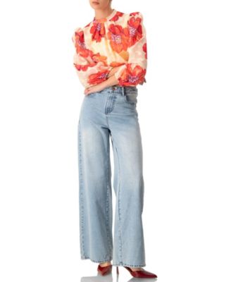 Women's Shimmering Printed Blouse with Pleated Round Neck