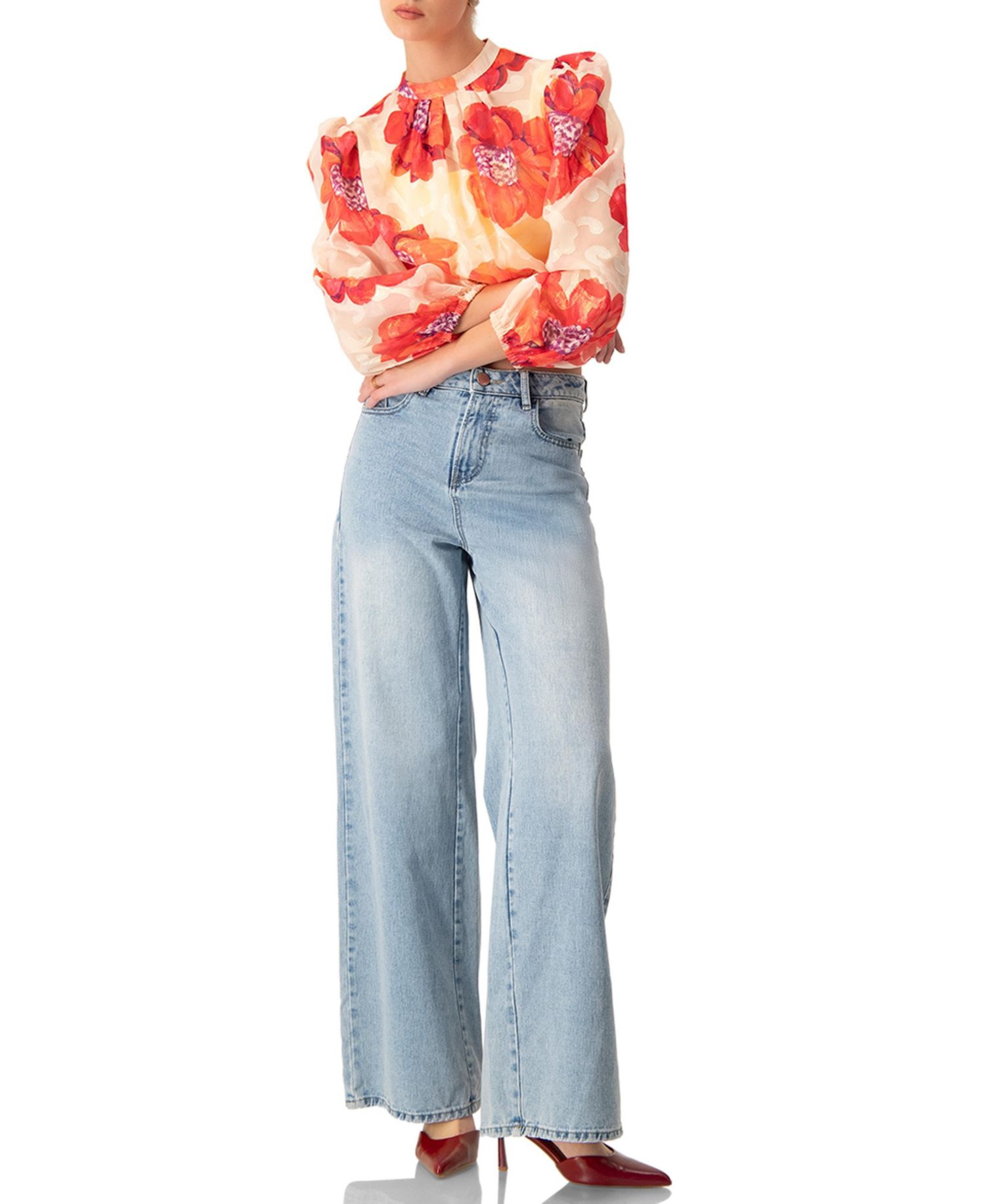 Women's Shimmering Printed Blouse with Pleated Round Neck