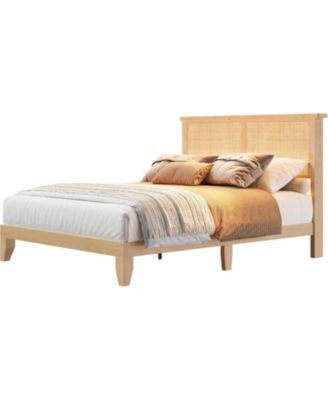 Queen Rattan Bed Frame With LED Headboard and Rattan Strong Wood Platform Silent Slats Storage No Box Spring