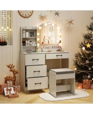 Makeup Vanity Desk and Stool Set with Mirror and Lights