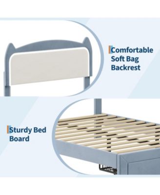 Upholstered LED Bed Frame with Storage Drawer and Cat Headboard, Velvet Princess Platform Bed for Kids