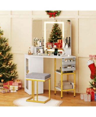 Corner Vanity Desk with Triple Mirror and Lights