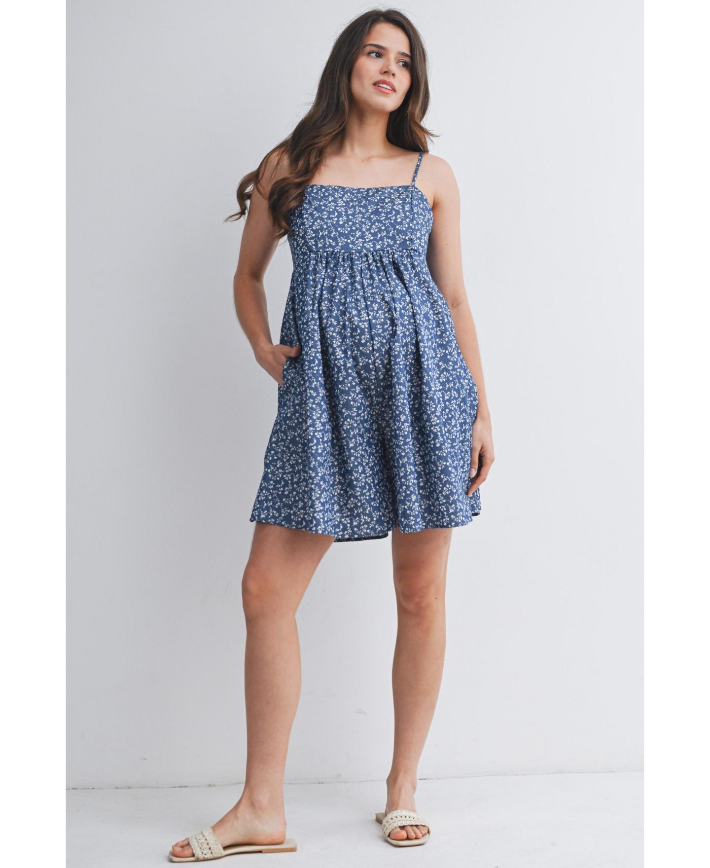 Женский комбинезон Hello Miz Maternity Floral Square-Neck Adjustable Strap Romper with Pockets, цвет: Синий — фото 3