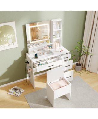 Dressing Desk with Adjustable Lighting and Hair Dryer Stand