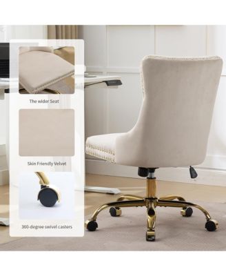 Velvet Upholstered Office Chair, Tufted Button Desk Chair, Adjustable Swivel Computer Chair with Metal Base, Nailhead for Home Office
