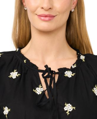 Women's Embroidered Tie-Neck Cotton Blouse