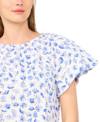 Women's Floral Ruffle-Sleeve Crewneck Cotton Top