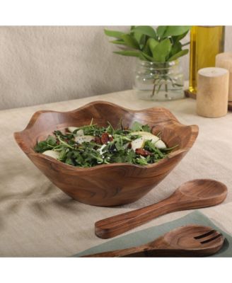 Sandhurst 3-Piece Acacia Wood Salad Bowl Set – 12-Inch Scalloped Serving Bowl with Wooden Salad Servers