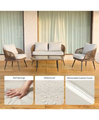 4-Piece Outdoor Wicker Patio Conversation Seating Set with Coffee Table, Weather-Resistant Cushions, Patio Furniture Set for Garden, Deck