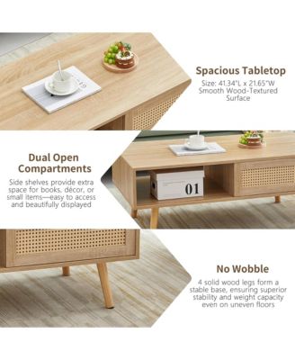 41.34" Rattan Coffee Table, Rectangle Wooden Center Tables with Sliding Door and Solid Wood Legs for Living Room, Home Office