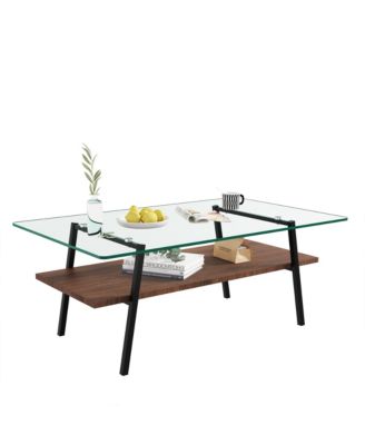 Rectangle Coffee Table, 2 Tier Center Table with Clear Tempered Glass Top and Metal Legs for Living Room