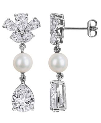 Cultured Freshwater Pearl & Created White Sapphire (8-7/8 ct. t.w.) Drop Earrings in Sterling Silver