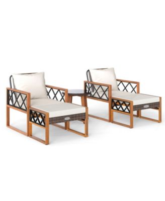 5 PCS PE Rattan Conversation Set w/Acacia Wood Table Chairs w/Ottomans Outdoor