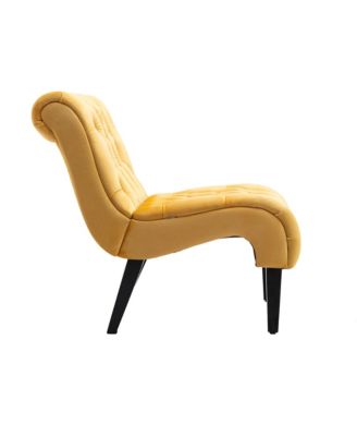 Modern Velvet Accent Chair, Upholstered Fabric Button Reading Chaise with Tufted Back, Wooden Legs and Rolled Edge Design for Living Room