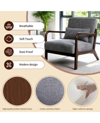 Mid Century Modern Accent Chair - Solid Wood Frame and Detachable Lumbar Pillow, Comfy Linen Armchair for Living Room, Bedroom