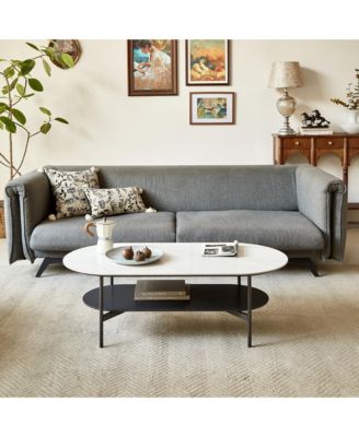 Oval Double Layer Coffee Table - Modern Center Table with Sintered Stone Top and Wood Storage Shelf for Living Room, Home Office