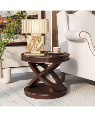 X-shape Base Coffee Table - 22" Retro Round Wooden End Table for Living Room, Small Space