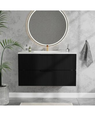 36" Wall Mounted Bathroom Vanity with Ceramic Sink, Fluted MDF Cabinet & Drawers for Modern Bathrooms