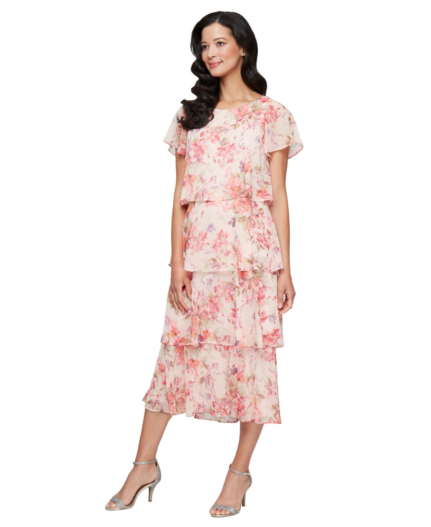Petite Crewneck Floral-Print Tiered Midi Dress