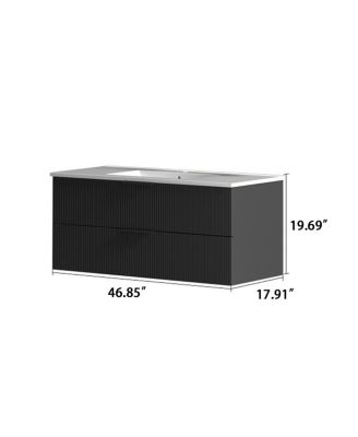48" Modern Floating Vanity With Ceramic Sink, Black Fluted Wall-Mount Cabinet, 2 Drawers U-Shaped Cutout