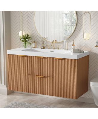 42" Wall-Mounted Floating Single Sink Vanity With SMC Top, MDF Cabinet Wood Grain Finish, Soft-Close Storage