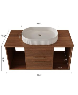 39.4" Wall-Mount Bathroom Vanity with Oval Ceramic Sink, Walnut Solid Wood Floating Cabinet & Soft-Close Drawers
