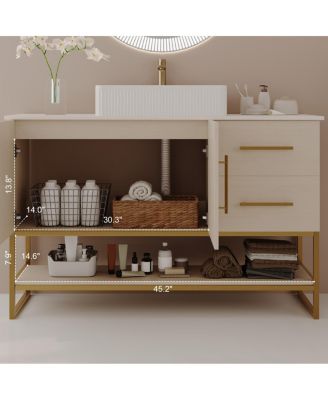 47.2" Bathroom Vanity with Ceramic Vessel Sink, Gold Stainless Steel Frame & Open Shelf, Modern Oak Freestanding Cabinet