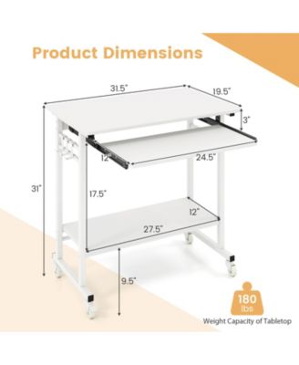 Rolling Laptop Table with Pull Out Keyboard Tray and Hooks