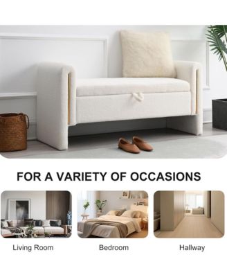 Upholstered Storage Ottoman, Modern Teddy End of Bed Bench, Window Storage Stool with Arms for Living Room, Bedroom