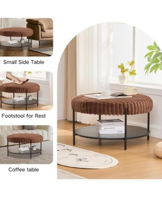 30.9" Wide Upholstered Round Ottoman, Faux Fur Footstool with Wooden Open Storage Shelf and Black Metal Legs for Living Room