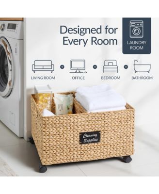 Rolling Pantry Storage Basket Organizer W/ Chalkboard Label, Handles, Removable Divider - Chestnut