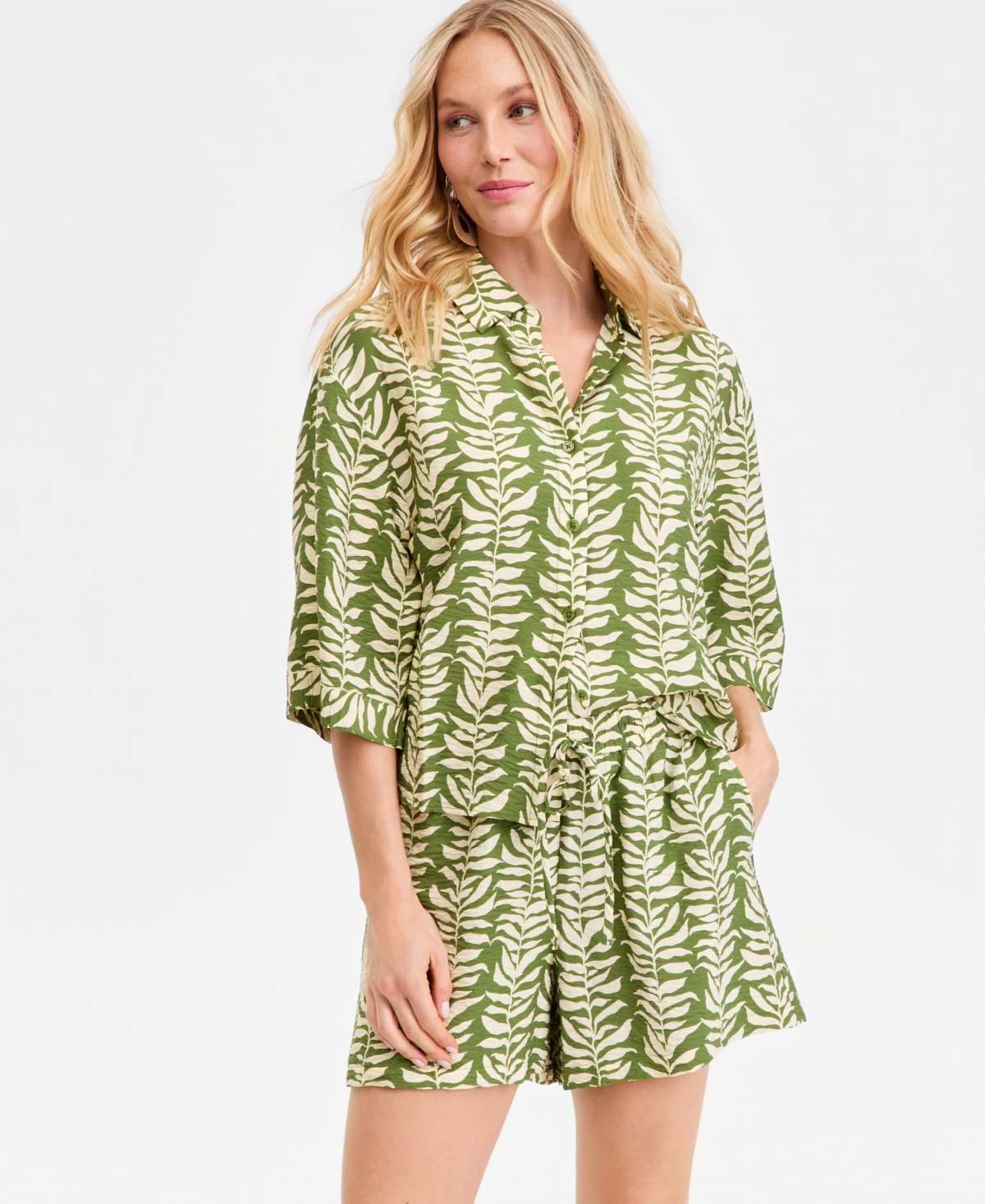 I.n.c. International Concepts Women's 3/4-Sleeve Printed Button-Down, Macy's Exclusive
