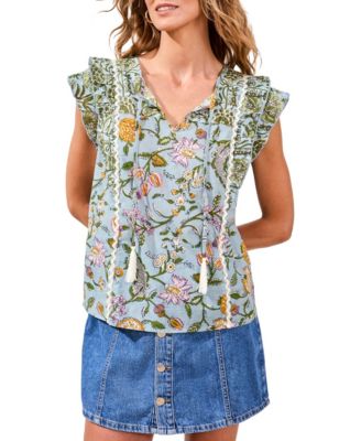Women's Mixed Media Cap-Sleeve Printed Top 